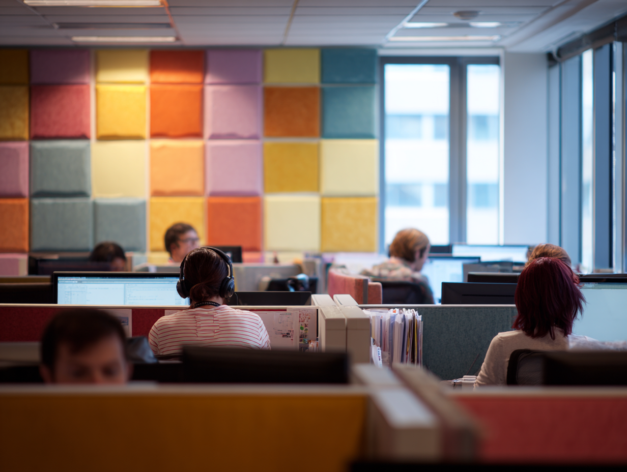 Open-plan office with colorful acoustic wall panels and employees working at desks